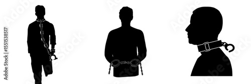 A modern silhouette of a slave with shackles is set against a white background