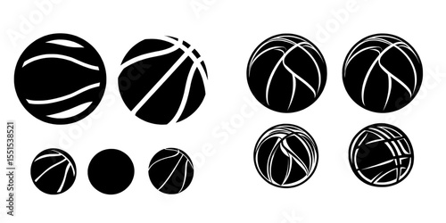 This collection includes three basketball outline icons and three flat icons, all featuring basketballs isolated on a white background, suitable for modern logo design and illustration