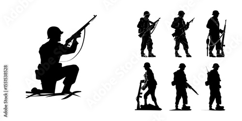 The silhouette of a US soldier holding a rifle from World War 2 is depicted in a modern style on a white background