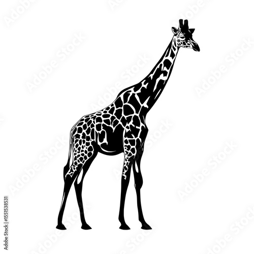 Giraffa, an African native, is illustrated in a flat, modern style from the side, with the image isolated on a white background