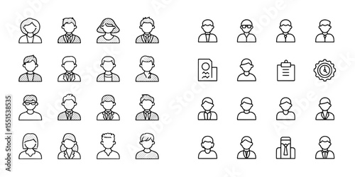 Modern illustration features a people icon set in flat style, along with line icons for management, business, and human resources, related to office management