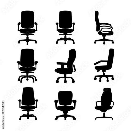 The image is set against a white background and showcases an office chair in various positions through silhouettes, presented in a modern style
