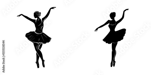 Isolated on a white background, a modern illustration depicts women's ballet dancing in a black silhouette design
