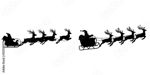 A modern black silhouette of Santa's sleigh with reindeers is set against a white background