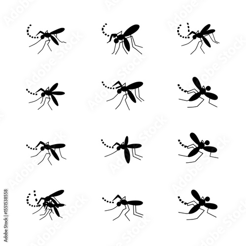 Black insect silhouettes of mosquitoes flying on a dotted path are presented in a modern illustration style, isolated on white, as part of an icon collection