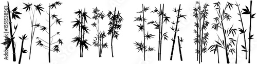 Modern illustration featuring a set of bamboo silhouettes against a white background with black stems, branches, and leaves