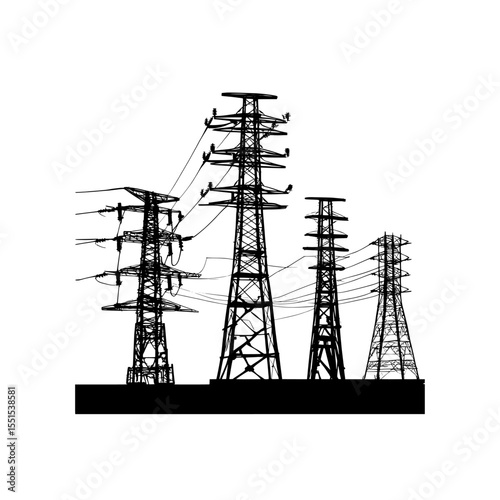A flat modern illustration shows high voltage electricity distribution grid pylons as part of a utility electric transmission network providing energy supply