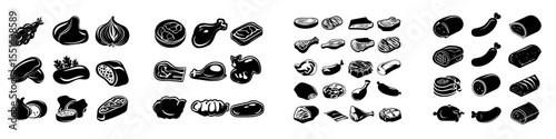 A set of modern cartoon icons featuring various meat products, illustrated in a flat style and isolated on a white background