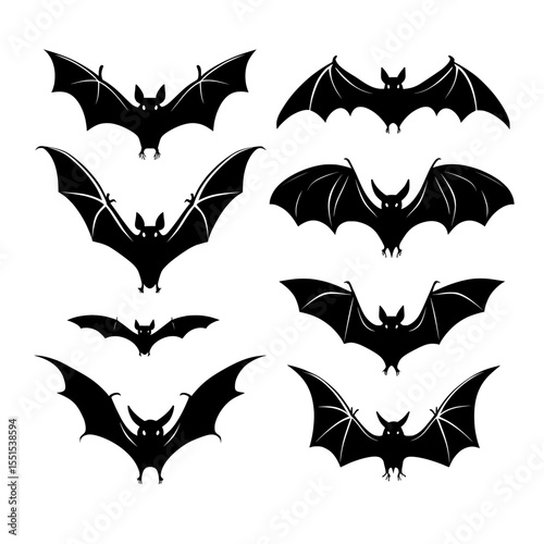 The illustration features a collection of bats in a modern style, isolated on a white background, accompanied by a set of icons in the shape of bat silhouettes