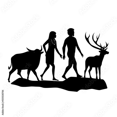 A modern hand-drawn illustration, isolated on a white background, depicts the silhouette of primitive men and women with a horse, deer, and bull in a rock painting style, showcasing cave people's