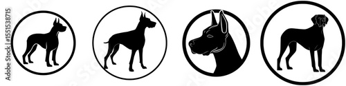 Modern illustration of a dog breeding symbol, specifically a Great Dane sign, isolated in a circle on a white background