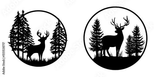 A dark deer silhouette is positioned amidst trees on a grassy area, accompanied by a contemporary illustration of a forest featuring a pine tree enclosed within a circle, and a circular sign