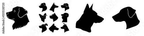 A set of pet dog breeds is depicted in a modern flat illustration as isolated black icons with a dog head silhouette on a white background