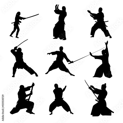 Black silhouettes of people engaging in aikido are set against a white background, creating a striking martial arts illustration