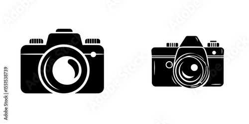 Isolated on a white background, a modern illustration features a collection of photo camera icons, photography symbols, and signs used for photographing