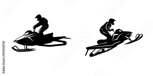 Snowmobile jumping in extreme winter sports is depicted in silhouette form on a white background