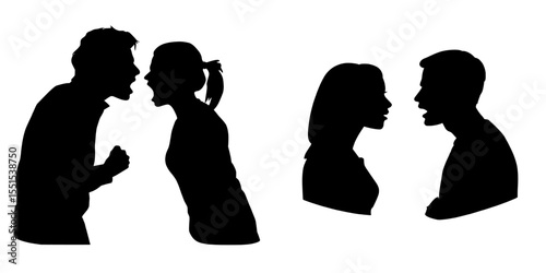 The silhouette of a quarreling couple is shown in a modern illustration isolated on a white background, symbolizing a break up