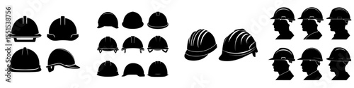 A set of construction helmet silhouette icons is available, featuring front and side views, in a simple and modern black design, representing a professional head protection tool, with a contour