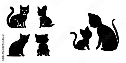 The silhouette set of a cat and kitten has a modern design on a white background