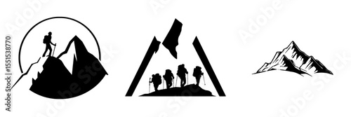 Alpine wilderness travel symbol and outdoor hiking adventure icon set represented in a modern mountain peak summit logo design illustration