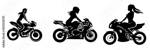 Attractive females ride sports motorcycles, shown as isolated silhouettes on a white background