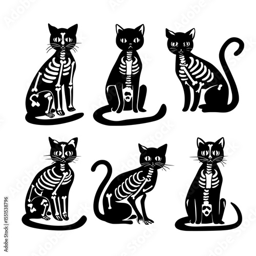 A set of black cat skeletons, featuring Halloween cats in bone costumes, depicted as amusing pets in a contemporary illustration set against a white backdrop, suitable for tattoos