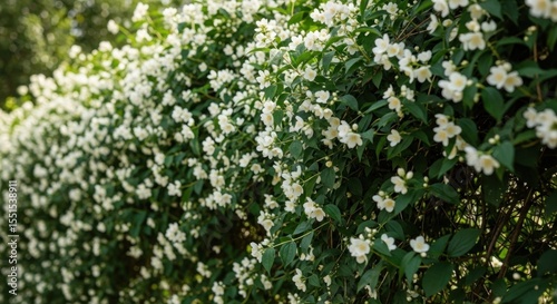 Lush Green Hedge Covered in Beautiful White Jasmine Flowers