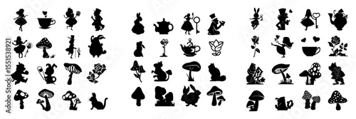 A large collection of contemporary Wonderland illustrations features black silhouettes of Alice, the rabbit, cat, Mad Hatter, key, tea cup, rose, mushrooms, and more isolated on a white background