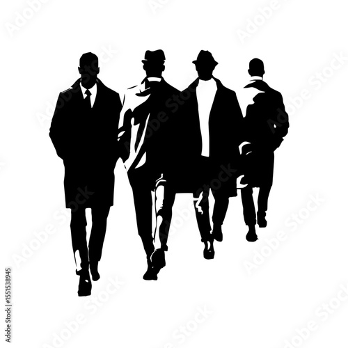 Retro style clothes are worn by a group of men as they make their way down the street, isolated on a white background