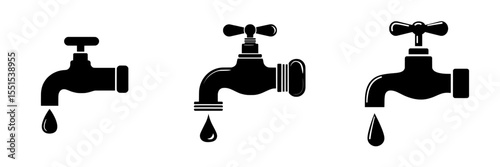 A water tap is depicted along with a faucet that has a drop, and there's also a flat tap connected to a pipe with a drip, including a spigot that controls the flow, which serves as an icon for a