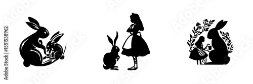 The phrase 'we are all mad here' is embodied in a modern Wonderland illustration where a rabbit and Alice are shown as black silhouettes on a white background