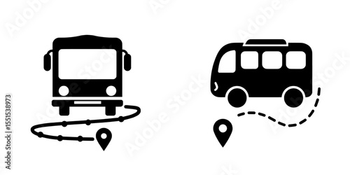 The icon of a bus is positioned at the line's starting point, driving along a route indicated by dots and featuring a map pin, isolated on a white background in a contemporary design