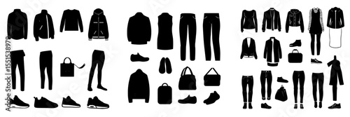 A set of fashion clothing is available, including garments and accessories for both men and women, featuring a diverse range of apparel with modern casual options like dresses, pants, jackets, shoes