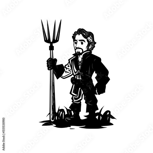 A medieval scene of peasants using a hey fork in a field is illustrated in gothic style character concept art, available in both color and monochrome, on a white background, in EPS10 format, as a
