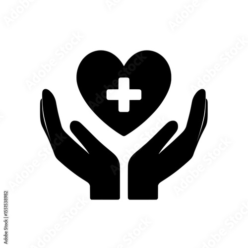 A modern stock set features hands holding a heart icon, including a love symbol and a health and medicine icon, in flat and line styles