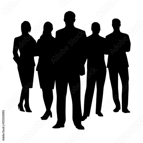 A group of modern men and a woman, represented by silhouettes, are shown standing as businesspeople, with black shapes isolated on a white background