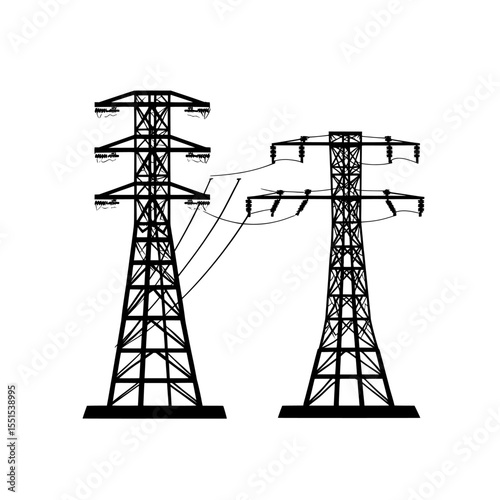 A flat modern illustration on a white background shows electric power lines with overhead high voltage cables and transmission towers, and also electricity energy distribution powerlines with poles