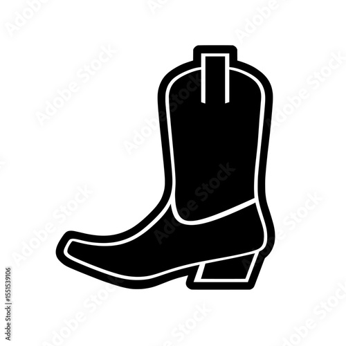 The image features a black cowboy boot icon on a white background, created in a flat design style