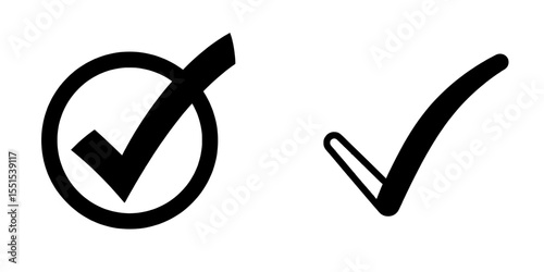 A green check mark icon is depicted, along with a modern check mark icon and a checkmark illustration, as part of a set of modern symbols featuring a green checkmark isolated on a white background,