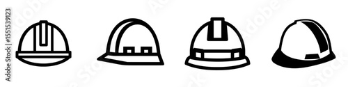 A construction safety helmet icon is depicted in a simple outline style, symbolizing a hard hat or worker cap that represents protection and safety, presented in a thin line modern illustration