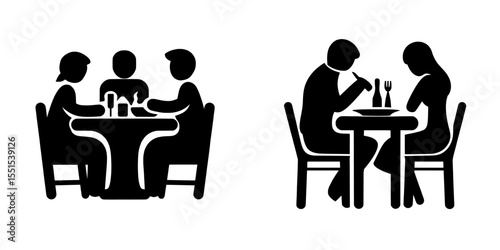 People dining are shown in the icon set for a restaurant, isolated on a white background as a dinner table symbol