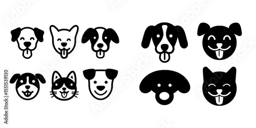 Icons set featuring dog face with tongue out and cute smile, along with happy cat face having open mouth, all in modern illustration style isolated on white background