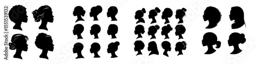 A collection of silhouettes featuring black individuals on a white backdrop with profile views of women's heads in a modern illustrative style