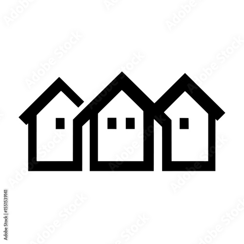 Neighbourhood houses are outlined against a panoramic landscape in a continuous single line of buildings that create a silhouette, forming a minimalistic modern illustration