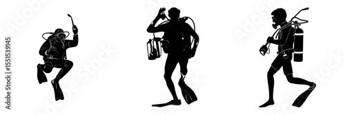 A modern illustration of a scuba diving silhouette is shown isolated on a white background, incorporating elements of sport and underwater activities such as lake, sea, glove, and flashlight, along