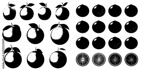A large contemporary assortment of freshly picked oranges, with the orange fruit set against a plain white backdrop, serves as a modern graphic for various design and printing purposes