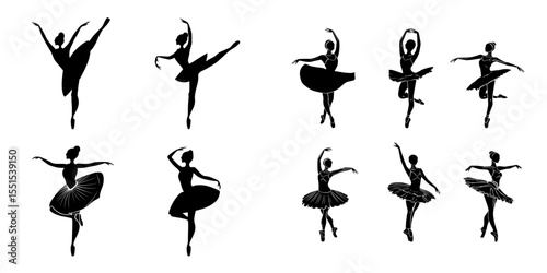 A compilation of modern silhouette illustrations featuring a ballerina performing ballet poses isolated on a white background