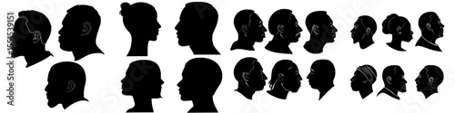 A collection of silhouettes featuring black individuals on a white backdrop with profile views of men's heads in a modern illustrative style