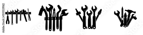 A modern illustration depicts the black silhouette of a set of tools for house repairs isolated on a white background, labeled as a repair tool