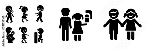 Modern icons of a boy and girl, featuring editable strokes, are presented as a set of line silhouettes depicting kids, including signs for toilet, changing room, and bathroom, all isolated on a white